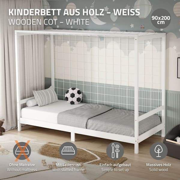 ML-Design barnsäng fotbollsmål 90x200 cm, vit, enkelsäng för barn, träsäng med lamellram & målnät, ungdomssäng av furu, sängram för pojkar och