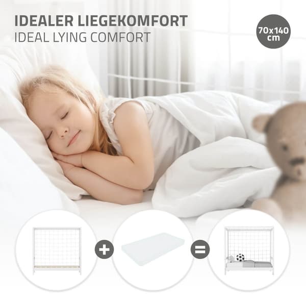 ML-Design børneseng fodboldmål 70x140 cm, hvid, enkeltseng til børn, træseng med lamelbund & målnet, ungdomsseng af fyrretræ, sengeramme til
