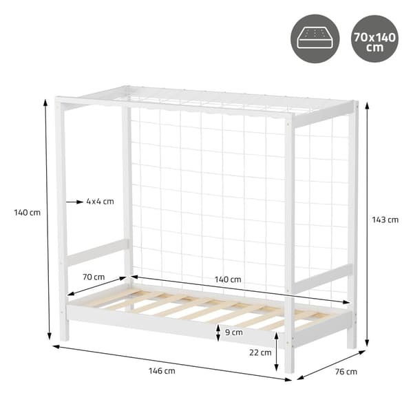 ML-Design børneseng fodboldmål 70x140 cm, hvid, enkeltseng til børn, træseng med lamelbund &amp; målnet, ungdomsseng af fyrretræ, sengeramme til