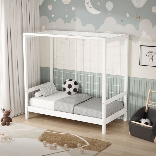 ML-Design børneseng fodboldmål 70x140 cm, hvid, enkeltseng til børn, træseng med lamelbund & målnet, ungdomsseng af fyrretræ, sengeramme til