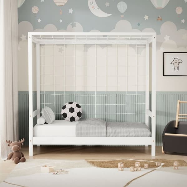 ML-Design børneseng fodboldmål 70x140 cm, hvid, enkeltseng til børn, træseng med lamelbund &amp; målnet, ungdomsseng af fyrretræ, sengeramme til