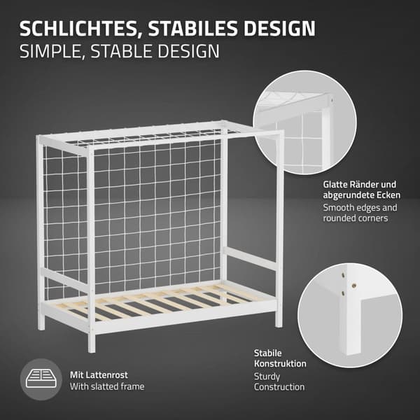 ML-Design lasten sänky jalkapallomaali 80x160 cm, valkoinen, yhden hengen sänky lapsille, puinen sänky, jossa on sälepohja ja maaliverkko, nuorten