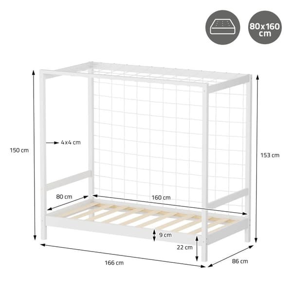 ML-Design lasten sänky jalkapallomaali 80x160 cm, valkoinen, yhden hengen sänky lapsille, puinen sänky, jossa on sälepohja ja maaliverkko, nuorten