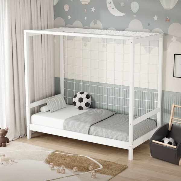ML-Design lasten sänky jalkapallomaali 80x160 cm, valkoinen, yhden hengen sänky lapsille, puinen sänky, jossa on sälepohja ja maaliverkko, nuorten