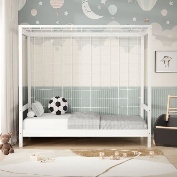 ML-Design lasten sänky jalkapallomaali 80x160 cm, valkoinen, yhden hengen sänky lapsille, puinen sänky, jossa on sälepohja ja maaliverkko, nuorten