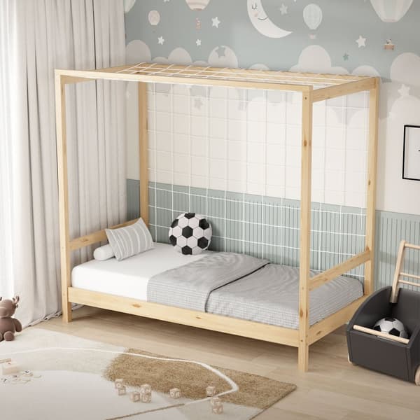 ML-Design lastensänky jalkapallomaali 80x160 cm, luonnollinen, yhden hengen sänky lapsille, puinen sänky, jossa on ristikkorunko ja maaliverkko,