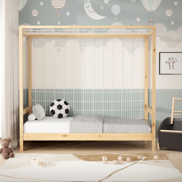 ML-Design lastensänky jalkapallomaali 80x160 cm, luonnollinen, yhden hengen sänky lapsille, puinen sänky, jossa on ristikkorunko ja maaliverkko,