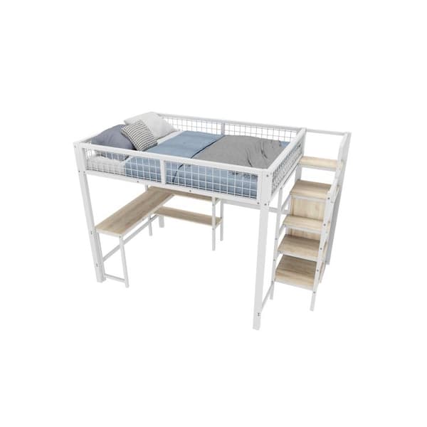 Ljus mezzanin, 140*200 cm, utan madrass, inbyggd garderob, skrivbord, vit