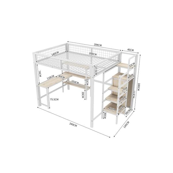 Ljus mezzanin, 140*200 cm, utan madrass, inbyggd garderob, skrivbord, vit