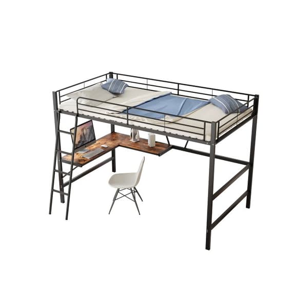 90x200cm Sängram Metallram, järnsäng, hög säng med L-formad skrivbord och bibliotek, svart