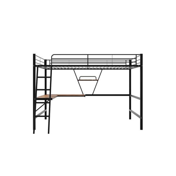 90x200cm Sängram Metallram, järnsäng, hög säng med L-formad skrivbord och bibliotek, svart