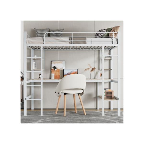 90x200cm Sängram Metalläng, hög säng med fyra små hyllor och ett stort bibliotek, vit