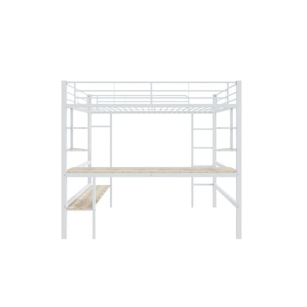 90x200cm Sängram Metalläng, hög säng med fyra små hyllor och ett stort bibliotek, vit