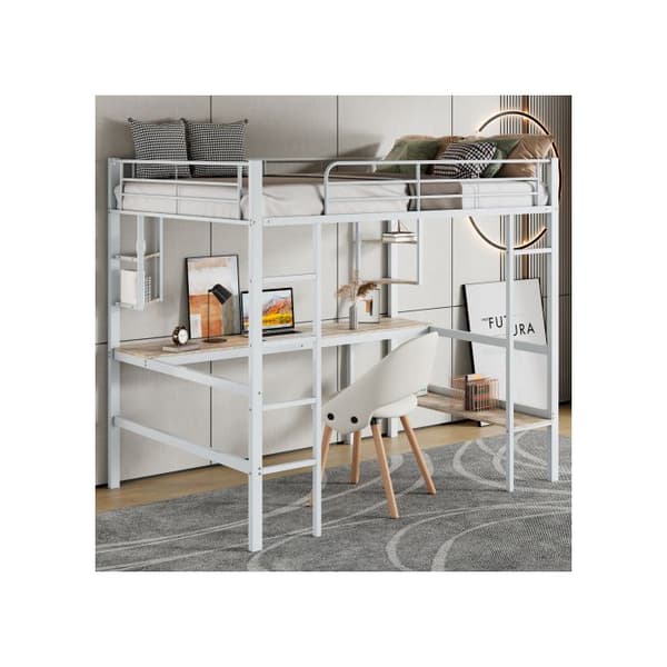 90x200cm Sängram Metalläng, hög säng med fyra små hyllor och ett stort bibliotek, vit