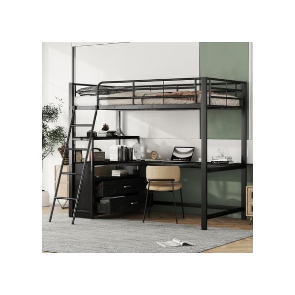 Ljust mezzanin, 90*200cm, säng med järnram, praktiska lådor, elegant L-formad skrivbord, laminatdesign, utan svart madrass