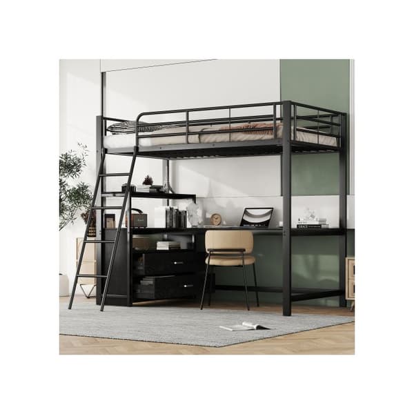 Ljust mezzanin, 90*200cm, säng med järnram, praktiska lådor, elegant L-formad skrivbord, laminatdesign, utan svart madrass