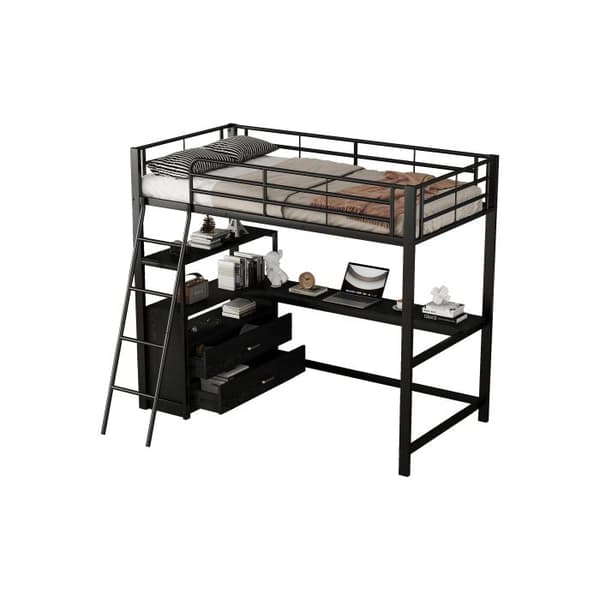 Ljust mezzanin, 90*200cm, säng med järnram, praktiska lådor, elegant L-formad skrivbord, laminatdesign, utan svart madrass