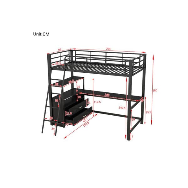 Ljust mezzanin, 90*200cm, säng med järnram, praktiska lådor, elegant L-formad skrivbord, laminatdesign, utan svart madrass