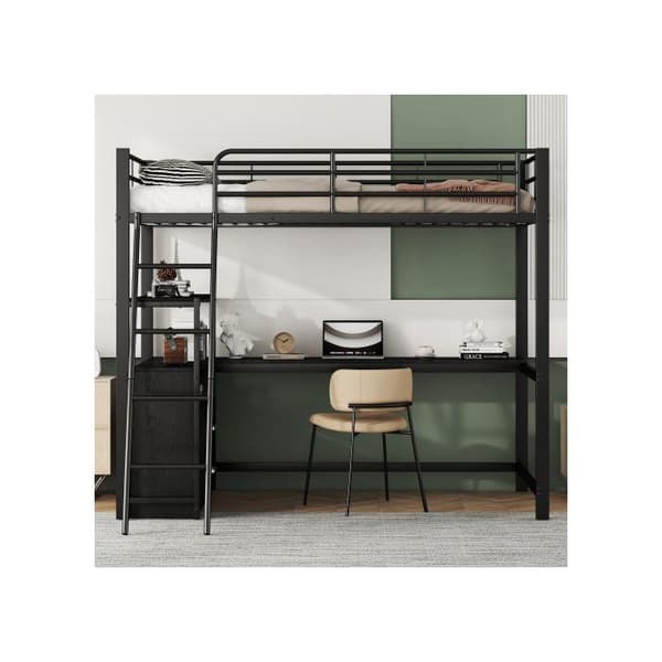 Ljust mezzanin, 90*200cm, säng med järnram, praktiska lådor, elegant L-formad skrivbord, laminatdesign, utan svart madrass
