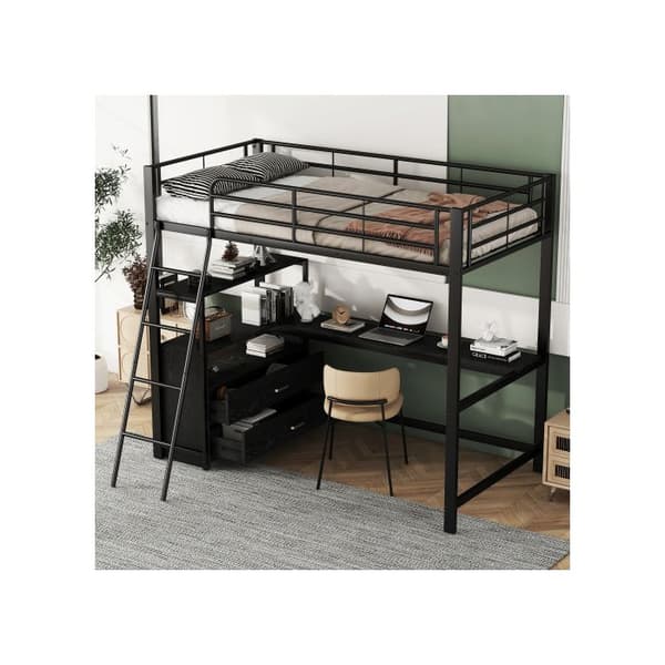 Ljust mezzanin, 90*200cm, säng med järnram, praktiska lådor, elegant L-formad skrivbord, laminatdesign, utan svart madrass
