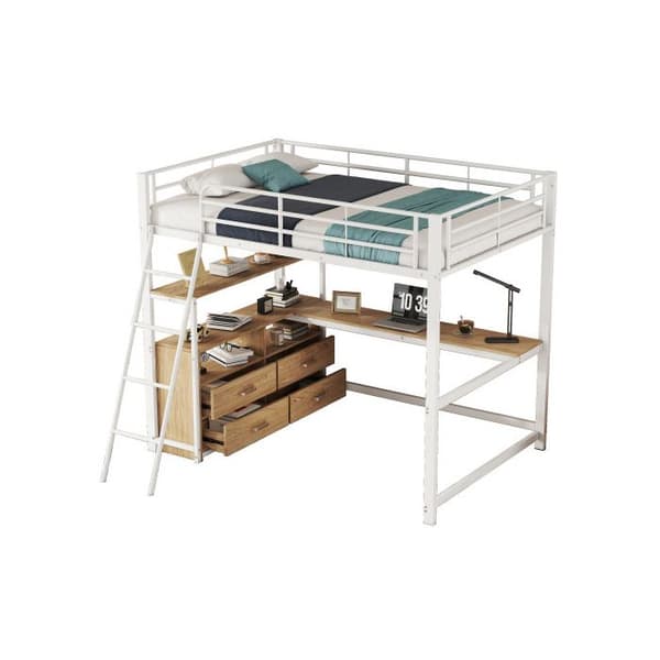 Ljust mezzanin, 140*200 cm, säng av järn, praktiska lådor, utan madrass, vit