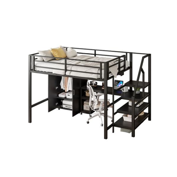 Belyst mezzanin, 140*200cm, garderob, hyllor, förvaringsstege, skrivbord, utan madrass, svart