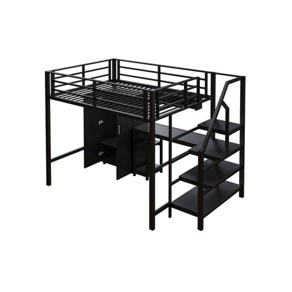 Belyst mezzanin, 140*200cm, garderob, hyllor, förvaringsstege, skrivbord, utan madrass, svart