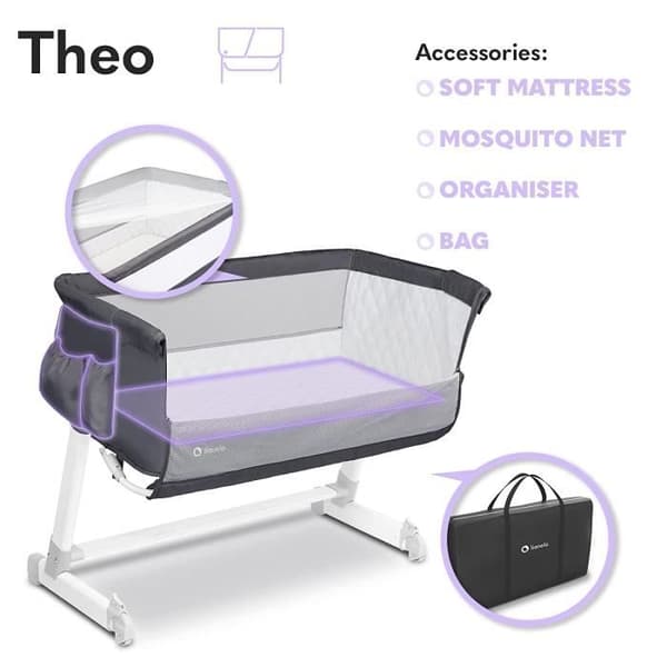 Lionelo - Théo 2in1 - Samsovbar bäddsäng med madrass - Från 0 Kg till 9 Kg - Justerbar höjd och lutning - Mörkgrå