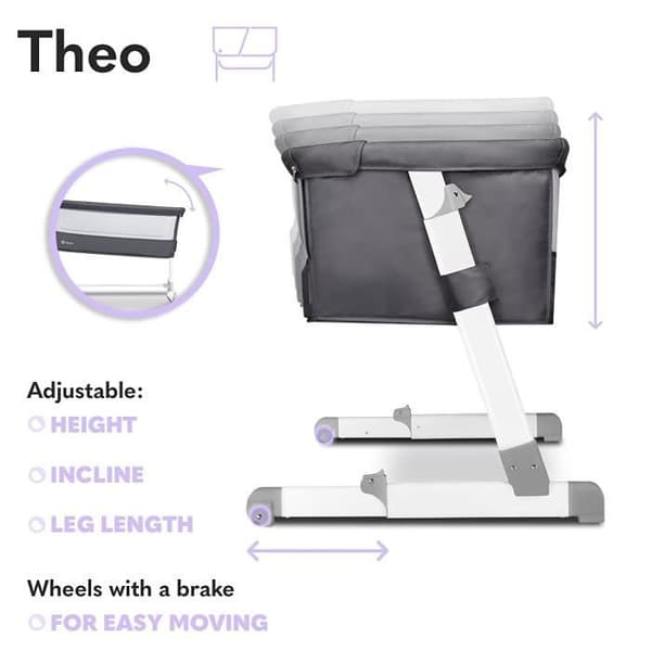 Lionelo - Théo 2in1 - Samsovbar bäddsäng med madrass - Från 0 Kg till 9 Kg - Justerbar höjd och lutning - Mörkgrå