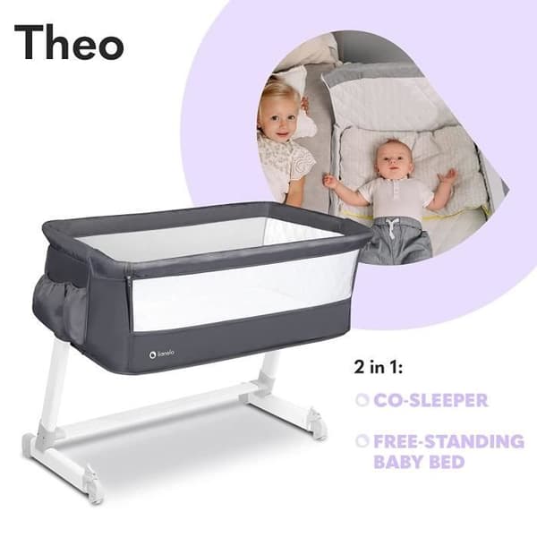 Lionelo - Théo 2in1 - Samsovbar bäddsäng med madrass - Från 0 Kg till 9 Kg - Justerbar höjd och lutning - Mörkgrå