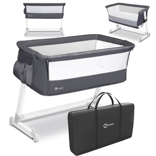 Lionelo - Théo 2in1 - Samsovbar bäddsäng med madrass - Från 0 Kg till 9 Kg - Justerbar höjd och lutning - Mörkgrå