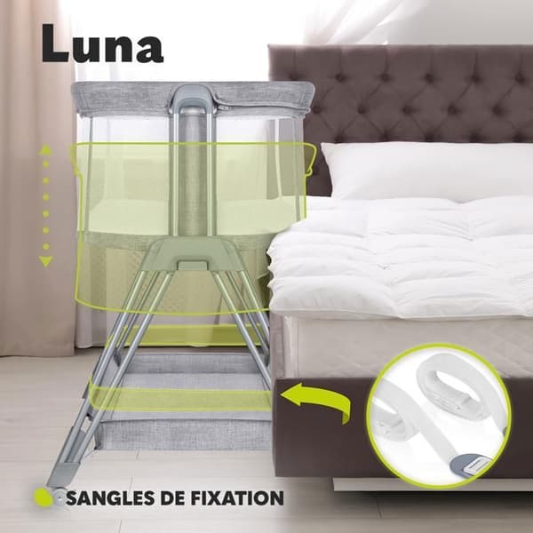 Lit cododo LIONELO Luna - 4 x Roulettes - Matelas inclus - Upp till 9 kg - Höjd och lutning justerbara - Grå