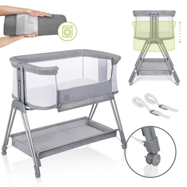LIONELO Luna konvertibel sovsäng med madrass - Från 0 Kg till 9 Kg - Justerbar höjd och lutning - Grå