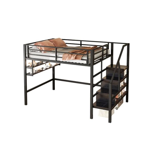 Belyst mezzanin, 140*200cm, hyllor, förvaringsstege, ledigt utrymme under sängen att inreda, räcke, utan madrass, svart