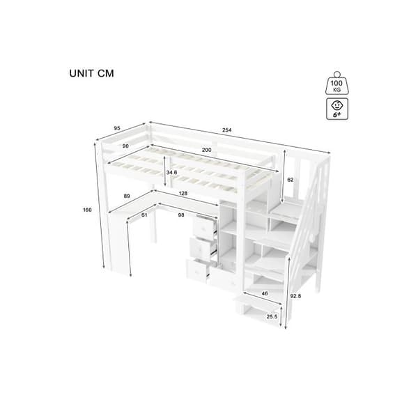 LIT mezzanin, 90x200 cm, utan madrass, teleskopstege, flera hyllor, certifierad EN 747, vit