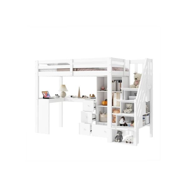 LIT mezzanin, 90x200 cm, utan madrass, teleskopstege, flera hyllor, certifierad EN 747, vit