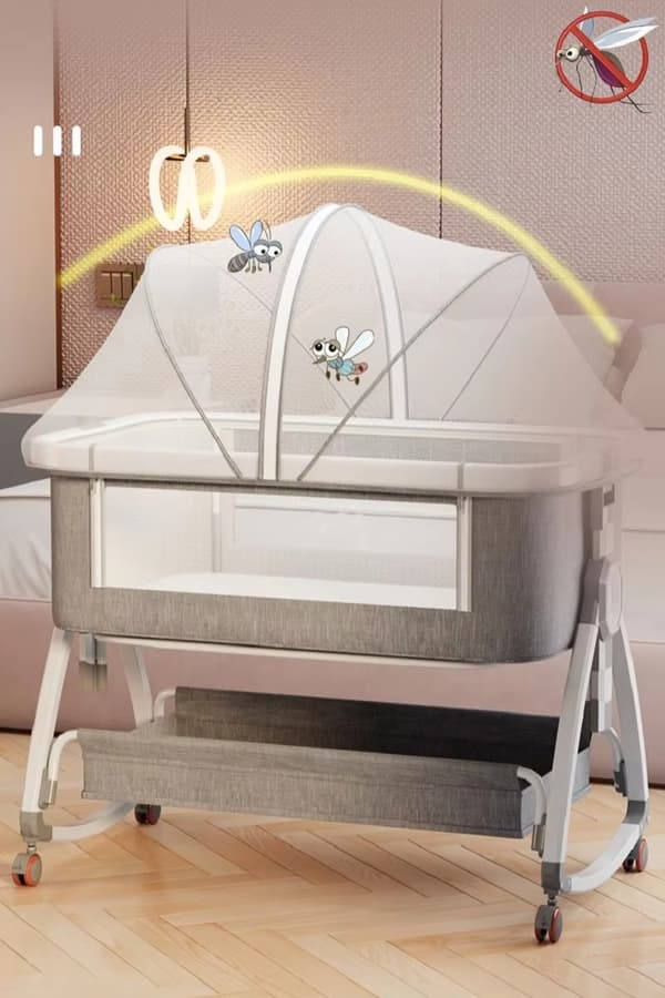 3 i 1 tremmeseng – Højdejusterbar Babyseng med Myggenet og Hjul - Pink