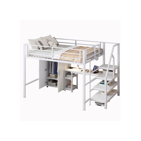 Ljus mezzanin, 140*200cm, garderob, hyllor, förvaringsstege, skrivbord, utan madrass, vit