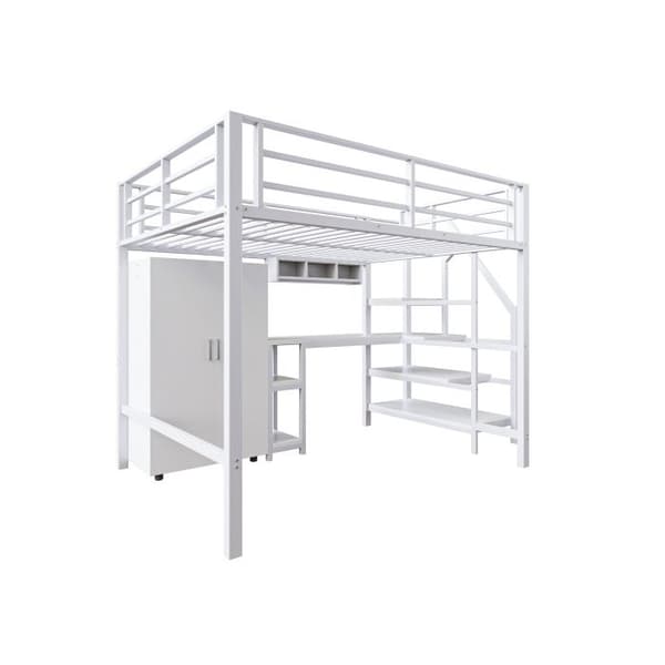 Ljus mezzanin, 140*200cm, garderob, hyllor, förvaringsstege, skrivbord, utan madrass, vit