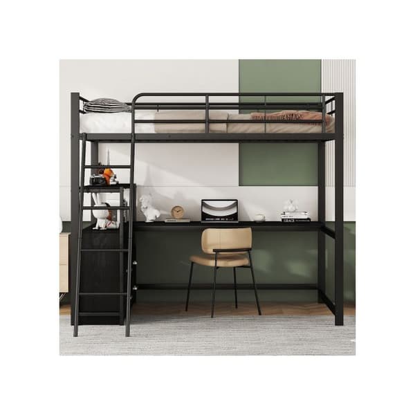 Ljust mezzanin, 140*200cm, sängram i järn, praktiska lådor, elegant L-formad skrivbord, laminatdesign, utan madrass Svart