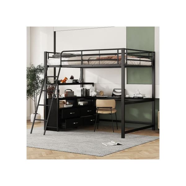 Ljust mezzanin, 140*200cm, sängram i järn, praktiska lådor, elegant L-formad skrivbord, laminatdesign, utan madrass Svart