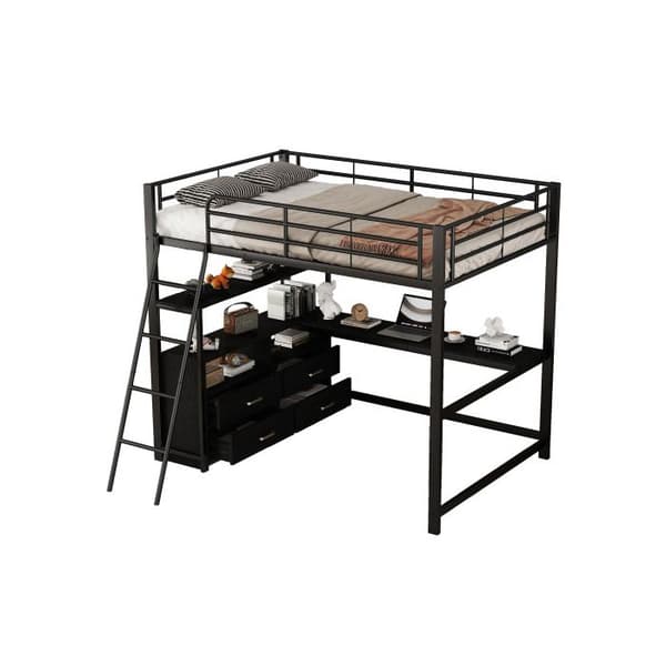 Ljust mezzanin, 140*200cm, sängram i järn, praktiska lådor, elegant L-formad skrivbord, laminatdesign, utan madrass Svart