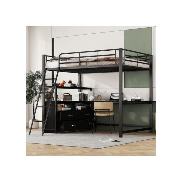 Ljust mezzanin, 140*200cm, sängram i järn, praktiska lådor, elegant L-formad skrivbord, laminatdesign, utan madrass Svart