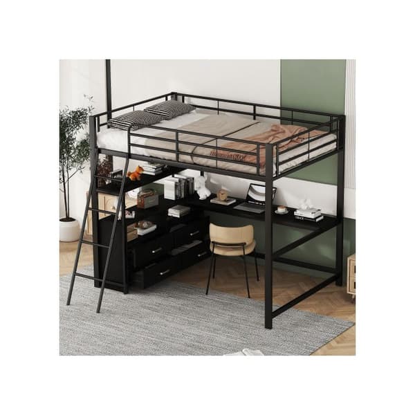 Ljust mezzanin, 140*200cm, sängram i järn, praktiska lådor, elegant L-formad skrivbord, laminatdesign, utan madrass Svart