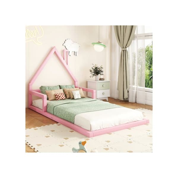 90*200cm Barnsäng, platt säng, husform, massiv furu, enkel form, Rosa
