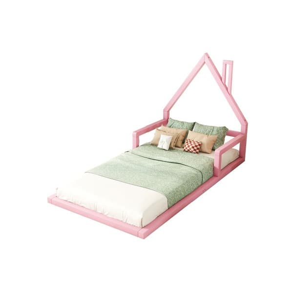 90*200cm Barnsäng, platt säng, husform, massiv furu, enkel form, Rosa