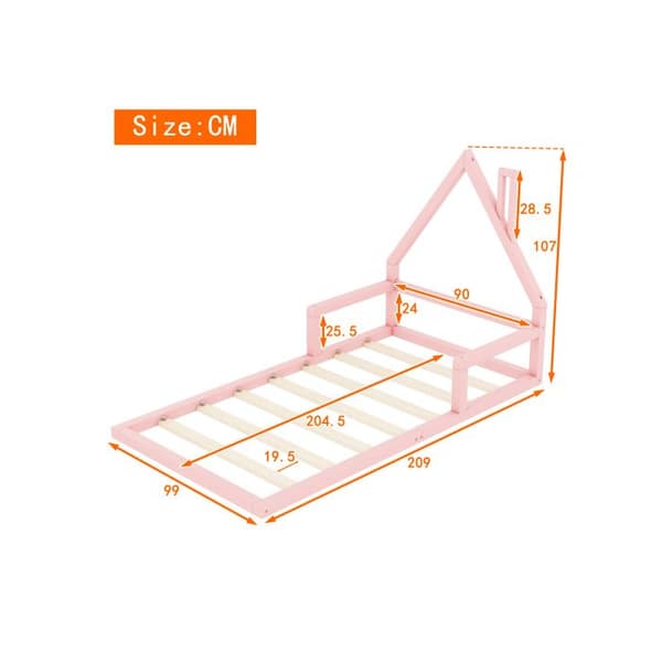 90*200cm Barnsäng, platt säng, husform, massiv furu, enkel form, Rosa