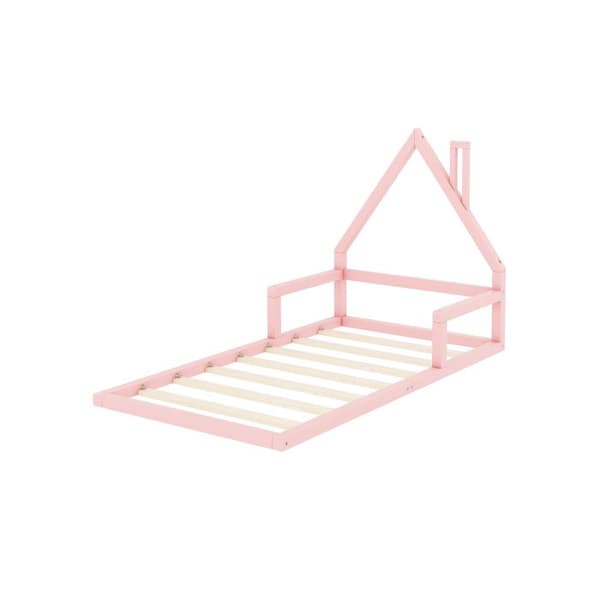 90*200cm Barnsäng, platt säng, husform, massiv furu, enkel form, Rosa