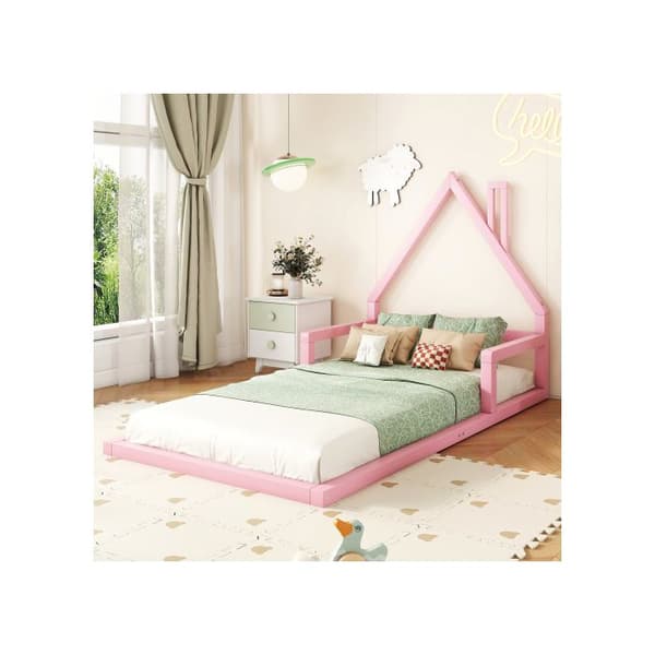 90*200cm Barnsäng, platt säng, husform, massiv furu, enkel form, Rosa