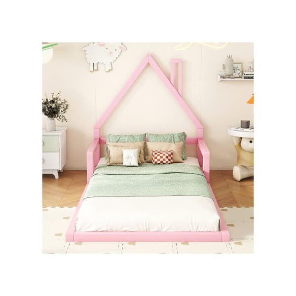 90*200cm Barnsäng, platt säng, husform, massiv furu, enkel form, Rosa